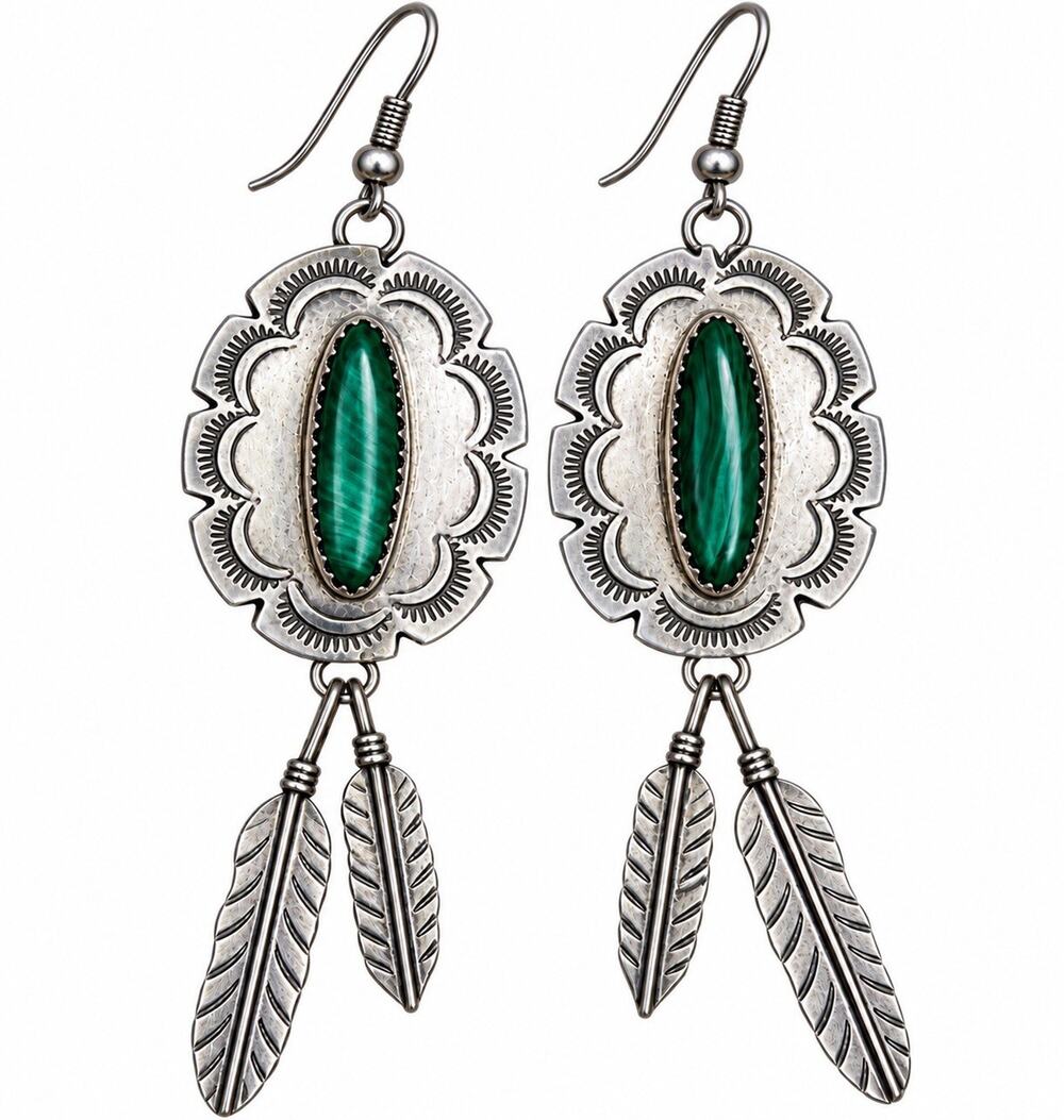 Vintage Navajo Sterling Silver Malachite Feather Dangle Earrings 3 3/8” Signed